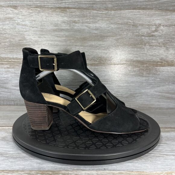 Clarks Women’s Deloria Kay Black Suede Heels Sandals Size 7.5 - Picture 3 of 9